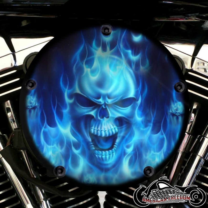 Harley Davidson High Flow Air Cleaner Cover - Blue Flame Skull